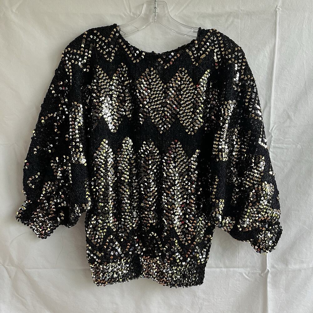 Vintage 80's bat wing sequined top, black and gold, Size S, disco, night out,